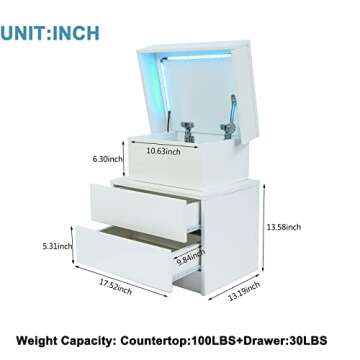 LED Nightstand with 2 Drawers, Bedside Table with High Gloss Drawers for Bedroom Furniture,Bed Side Table with Flip-Top Hidden Storage Space, Modern White Nightstand for Small Space (White)