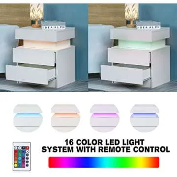 LED Nightstand with 2 Drawers, Bedside Table with High Gloss Drawers for Bedroom Furniture,Bed Side Table with Flip-Top Hidden Storage Space, Modern White Nightstand for Small Space (White)