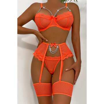 Aranmei Women’s Sexy Eyelash Fishnet Lingerie Set Chain Babydoll Underwire Bra and Panty Sets with...