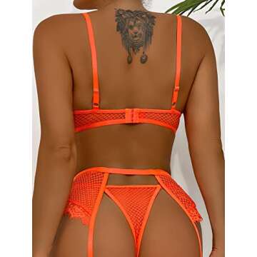 Aranmei Women’s Sexy Eyelash Fishnet Lingerie Set Chain Babydoll Underwire Bra and Panty Sets with Garter Belt 4 Pieces(Orange Small)