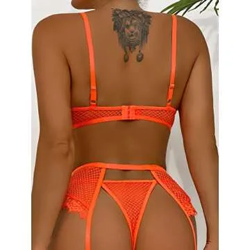 Aranmei Women’s Sexy Eyelash Fishnet Lingerie Set Chain Babydoll Underwire Bra and Panty Sets with Garter Belt 4 Pieces(Orange Small)