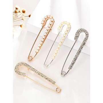 Women Brooch Pins Sweater Shawl Clips Faux Crystal Pearl Brooches Safety Pins Dress Shirt Clips for Women Gold Silver (4 Pieces)