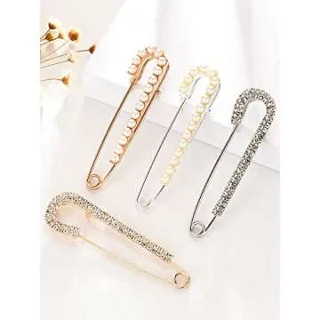 Women Brooch Pins Sweater Shawl Clips Faux Crystal Pearl Brooches Safety Pins Dress Shirt Clips for Women Gold Silver (4 Pieces)