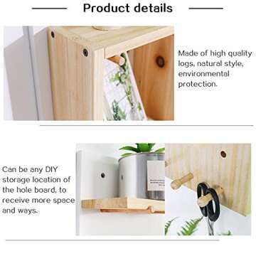 Creation Core Wooden Pegboard with 2 Floating Shelves & 6 Pegs Hooks Wall Storage Organizer System for Office Home Kitchen Decor 15.7x15.7, Natural
