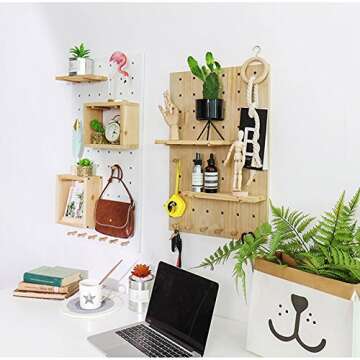 Creation Core Wooden Pegboard with 2 Floating Shelves & 6 Pegs Hooks Wall Storage Organizer System for Office Home Kitchen Decor 15.7x15.7, Natural