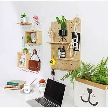 Creation Core Wooden Pegboard with 2 Floating Shelves & 6 Pegs Hooks Wall Storage Organizer System for Office Home Kitchen Decor 15.7x15.7, Natural