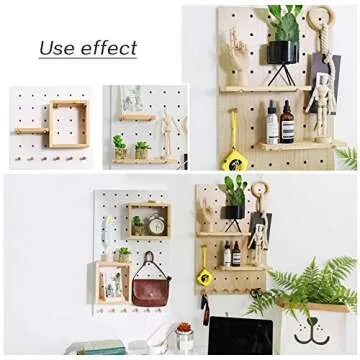 Creation Core Wooden Pegboard with 2 Floating Shelves & 6 Pegs Hooks Wall Storage Organizer System for Office Home Kitchen Decor 15.7x15.7, Natural