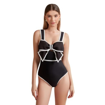 FLAXMAKER Black and White Swimsuit Bow-tie Decor One Piece Bathing Suit(Black,S)