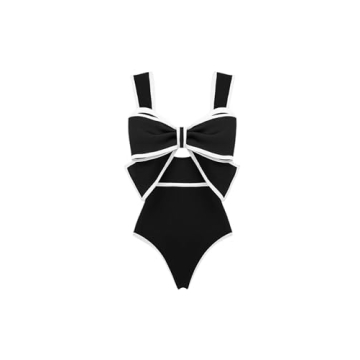 FLAXMAKER Black and White Swimsuit Bow-tie Decor One Piece Bathing Suit(Black,S)