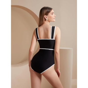 FLAXMAKER Black and White Swimsuit Bow-tie Decor One Piece Bathing Suit(Black,S)