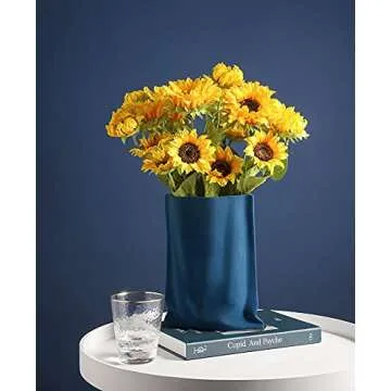 Ceramic Joe Creative fold Paper Bag Ceramic vase Handmade Ceramic vase Living Room Bedroom Model Room Flower Arrangement Ornaments Jewelry (Blue)