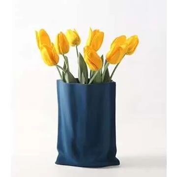 Ceramic Joe Creative fold Paper Bag Ceramic vase Handmade Ceramic vase Living Room Bedroom Model Room Flower Arrangement Ornaments Jewelry (Blue)