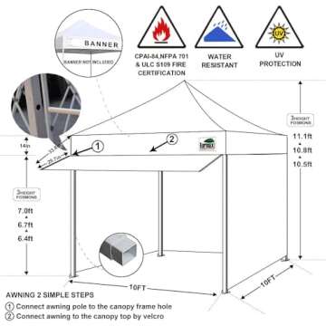 Eurmax USA 10 x 10 Pop up Canopy Commercial Tent Outdoor Party Canopies with 4 Removable Zippered Sidewalls and Roller Bag Bonus 4 Canopy Sand Bags & 24 Squre Ft Extended Awning(White)