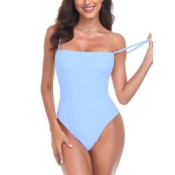 RELLECIGA Women's Sea Blue High Cut Bandeau One Piece Swimsuits with Adjustable Shoulder Straps Size...