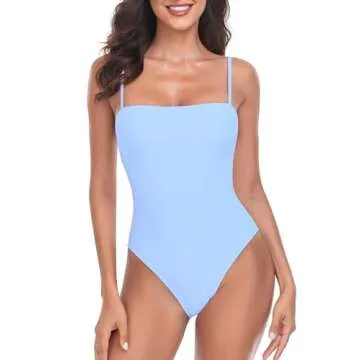 RELLECIGA Women's Sea Blue High Cut Bandeau One Piece Swimsuits with Adjustable Shoulder Straps Size Large