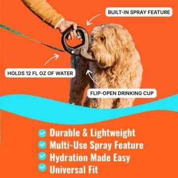 Spleash Dog Water Bottle With Flip-Open Cup & Squirt Feature Without Leash - Portable Pet Water Dispenser Grip Handle Attaches To Your Leash Clutter-Free Hikes Runs Walks Travel - Holds 12 Fl Oz Water