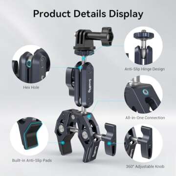 SMALLRIG Camera Mount Clamp, Ballhead Magic Arm with Clamp and Adapter for Gopro, Camera Monitor Mount with 1/4"-20, 3/8"-16 Threaded Holes, Super Clamp for Gopro/DSLR/Stabilizer