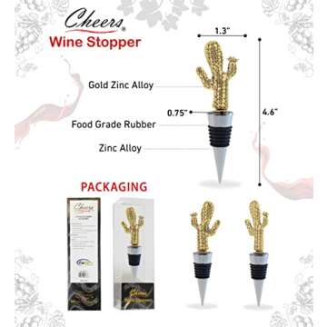 Cheers Gold Metal Cactus Wine Stopper - Elegant Succulent Wine Bottle Stopper, Cute Cactus Champagne Stopper, Airtight Leak Proof Decorative Wine Bottle Stopper, Gold Cactus Bottle Stopper Gift