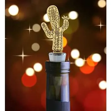 Cheers Gold Metal Cactus Wine Stopper - Elegant Succulent Wine Bottle Stopper, Cute Cactus Champagne Stopper, Airtight Leak Proof Decorative Wine Bottle Stopper, Gold Cactus Bottle Stopper Gift