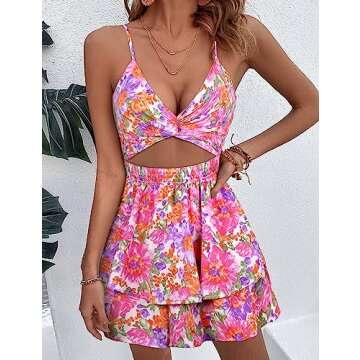 AGERWAY Rompers For Women Summer Romper Dresses For Women Ruffle Romper Pink Floral Romper Short Rom...