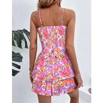 AGERWAY Rompers For Women Summer Romper Dresses For Women Ruffle Romper Pink Floral Romper Short Romper L