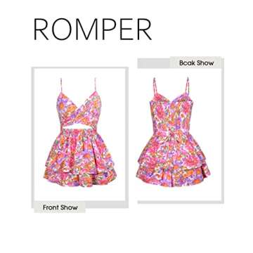 AGERWAY Rompers For Women Summer Romper Dresses For Women Ruffle Romper Pink Floral Romper Short Romper L