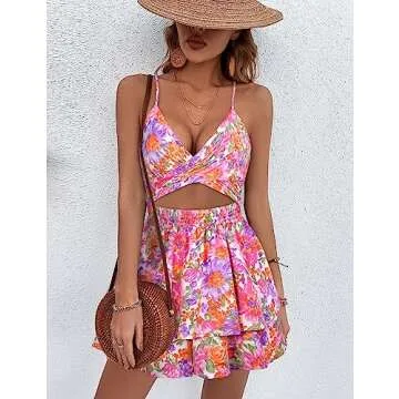 AGERWAY Rompers For Women Summer Romper Dresses For Women Ruffle Romper Pink Floral Romper Short Romper L