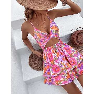 AGERWAY Rompers For Women Summer Romper Dresses For Women Ruffle Romper Pink Floral Romper Short Romper L