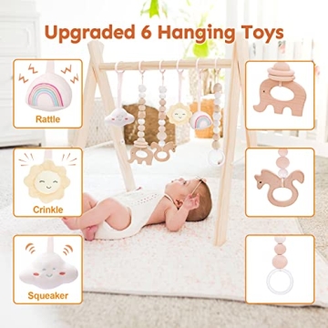 HAN-MM Wooden Baby Gym with 6 Toys for Newborns