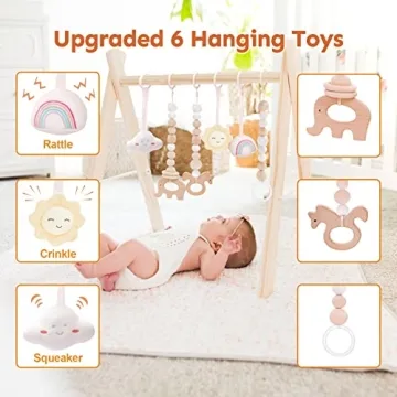HAN-MM Wooden Baby Gym with 6 Toys for Newborns
