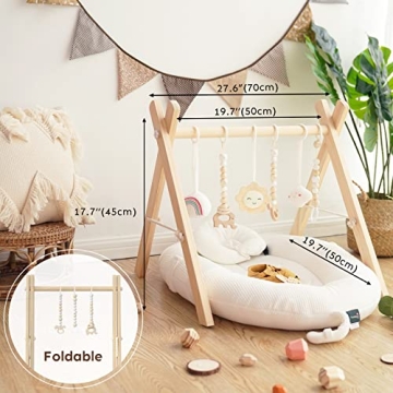 HAN-MM Wooden Baby Gym with 6 Toys for Newborns