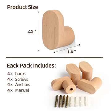 LIVESO Wood Wall Hooks, Modern Minimalist Wood Hooks Wall Mounted, Natural Wooden Wall Coat Hook Rack, Wooden pegs for Hanging Hat, Towel, Robe, Bag (Pack of 4pcs)