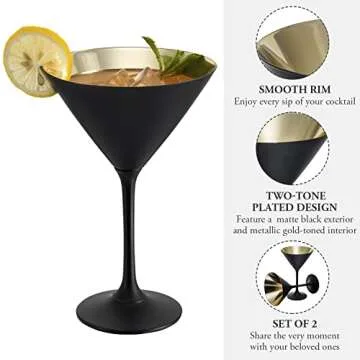 MyGift 8 Ounce Modern Matte Black and Metallic Gold Tone Plated Martini Glasses, Drinking Glass for ...