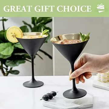 Elegant 8 Ounce Matte Black and Gold Martini Glasses Set