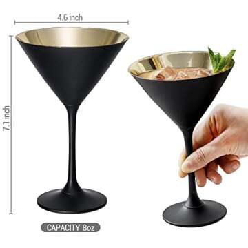 Elegant 8 Ounce Matte Black and Gold Martini Glasses Set