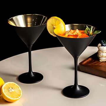 Elegant 8 Ounce Matte Black and Gold Martini Glasses Set