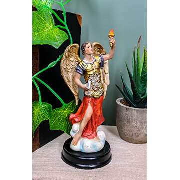 Ebros Catholic Church Archangel Saint Uriel with Holy Spirit Torch Statue with Brass Plated Title Wood Base 5.75" Tall Christian Devotional Altar Sculpture