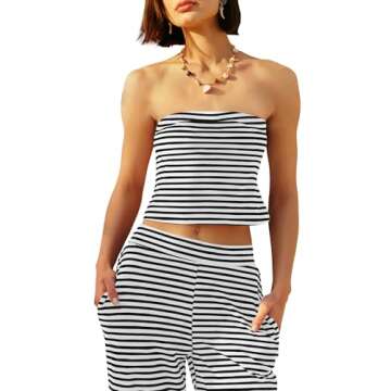 Panadila Womens Striped Two Piece Sets Summer Lounge Outfits Sailor Tube Top and Pants Matching Set ...