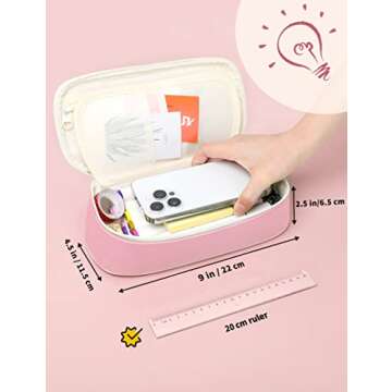 SUNEE Cute Pencil Case, Aesthetic Pen Pouch, Colored Large Pencil Bag with Zipper, Kawaii Stationery Storage and Organizer, Pink School Supplies for Teen and Adult Girls