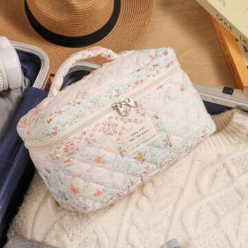 uekeboag Large Quilted Makeup Bag, Cotton Quilted Toiletry Bag for Women,Floral Coquette Makeup Bag,Cute Kawaii Travel Cosmetic Bags(06Light Pink)