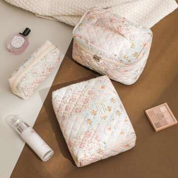 uekeboag Large Quilted Makeup Bag, Cotton Quilted Toiletry Bag for Women,Floral Coquette Makeup Bag,Cute Kawaii Travel Cosmetic Bags(06Light Pink)