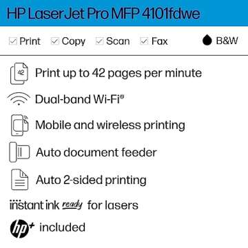HP LaserJet Pro MFP 4101fdwe Wireless Black & White Monochrome Printer with HP+ Smart Office Feature...