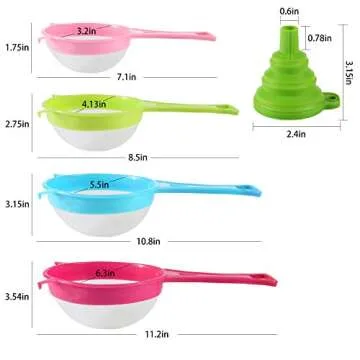 BENBO 4Pcs Plastic Mesh Strainer Colander Set, Food Soy Milk Flour Sieve Plastic Colander Strainer with Long Handle Icing Sugar Sifters Fine Strainer Tea Filter and Silicone Foldable Funnel