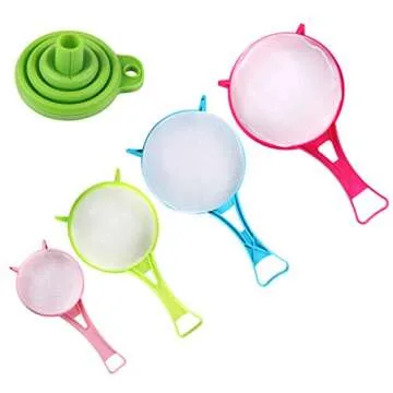 BENBO 4Pcs Plastic Mesh Strainer Colander Set, Food Soy Milk Flour Sieve Plastic Colander Strainer with Long Handle Icing Sugar Sifters Fine Strainer Tea Filter and Silicone Foldable Funnel