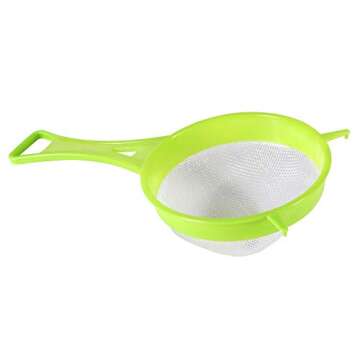 BENBO 4Pcs Plastic Mesh Strainer Colander Set, Food Soy Milk Flour Sieve Plastic Colander Strainer with Long Handle Icing Sugar Sifters Fine Strainer Tea Filter and Silicone Foldable Funnel