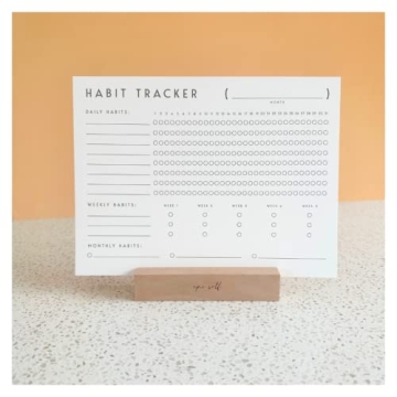 Habit Tracker Calendar with Wood Stand,Daily Goal and Accountability Journal with 12 Paper Sheets fo...