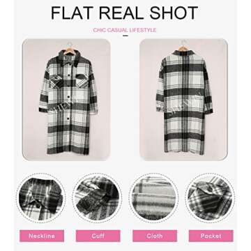 SHEWIN Womens Casual Lapel Button Down Long Plaid Shirts Coat Lightweight Tartan Shacket Jacket 2023 Fall Fashion Flannel Shirt for Women,US 12-14(L),Black