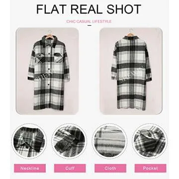 SHEWIN Womens Casual Lapel Button Down Long Plaid Shirts Coat Lightweight Tartan Shacket Jacket 2023 Fall Fashion Flannel Shirt for Women,US 12-14(L),Black