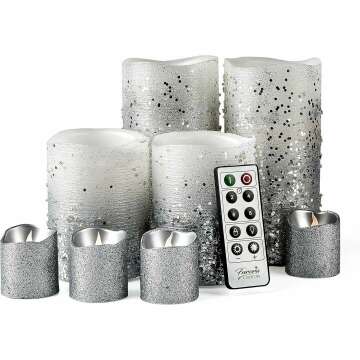 Silver Glitter LED Candles - Battery Operated 8 Pack