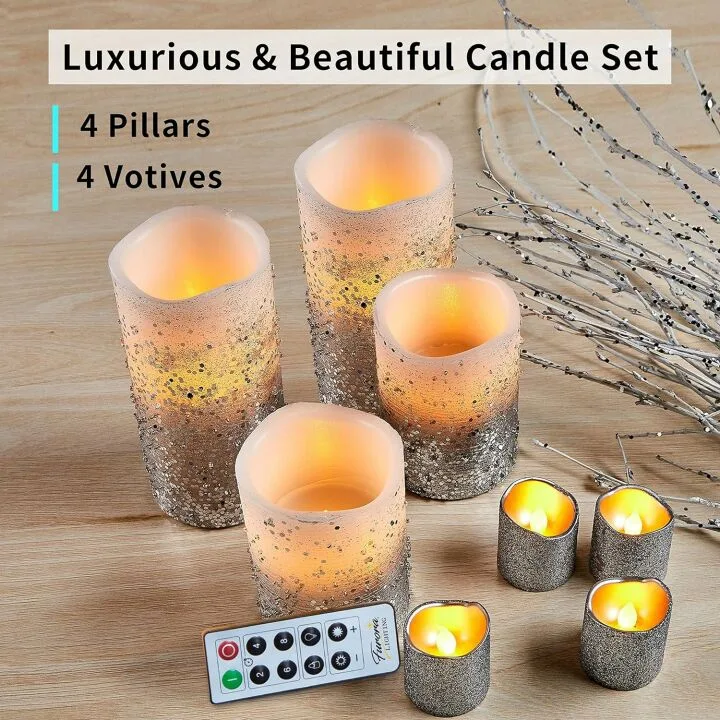 Silver Glitter LED Candles - Battery Operated 8 Pack